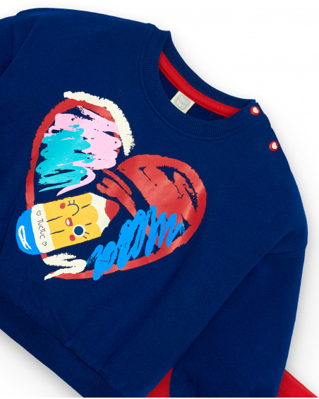 Ensemble sweat et legging fille bleu et rouge imprimé coeur
