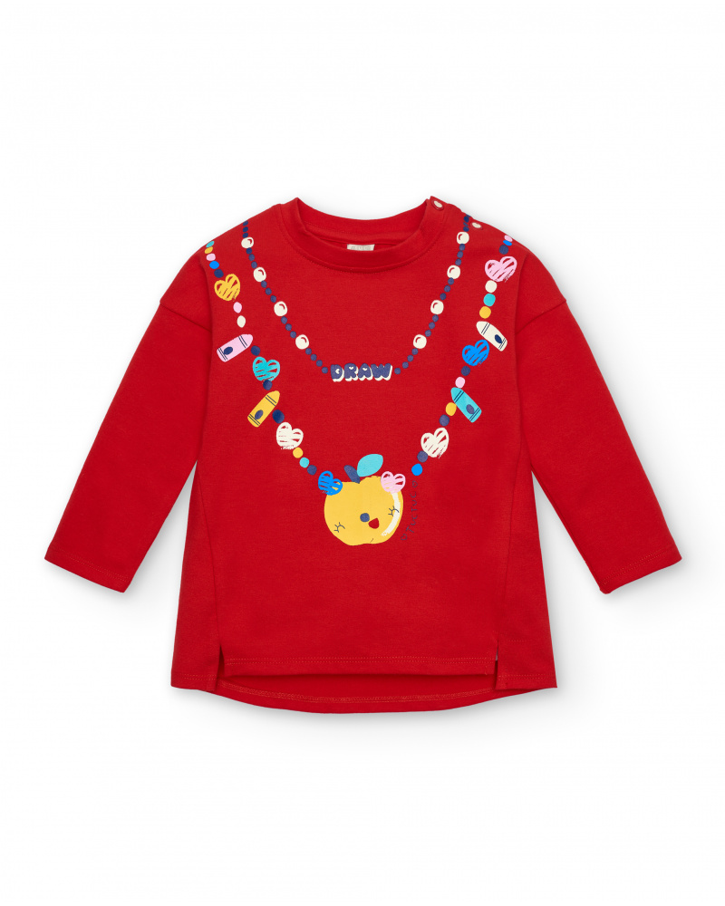 T-shirt fille rouge avec imprimé créatif et détail cœur