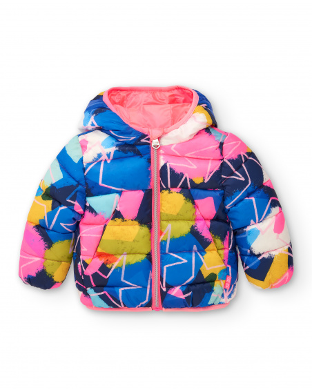 Parka technique matelassée fille bleue à imprimé multicolore Parka technique matelassée fille bleue à imprimé multicolore