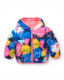 Parka technique matelassée fille bleue à imprimé multicolore Parka technique matelassée fille bleue à imprimé multicolore
