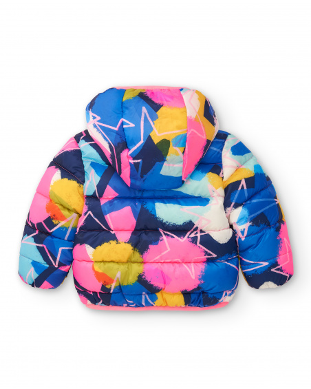 Parka technique matelassée fille bleue à imprimé multicolore Parka technique matelassée fille bleue à imprimé multicolore