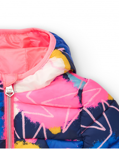 Parka technique matelassée fille bleue à imprimé multicolore Parka technique matelassée fille bleue à imprimé multicolore