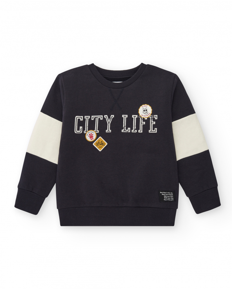 Pull garçon peluche noir avec détails sur les manches City Life