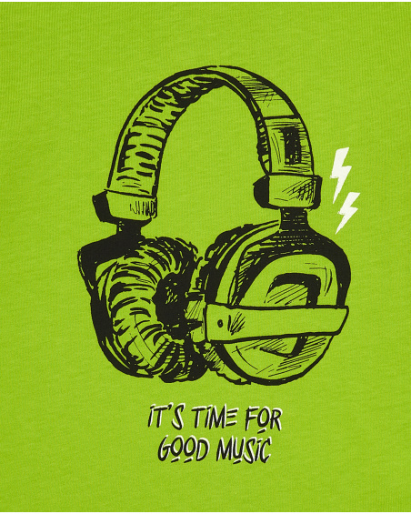 T-shirt vert avec imprimé casque "It's Time for Good Music"