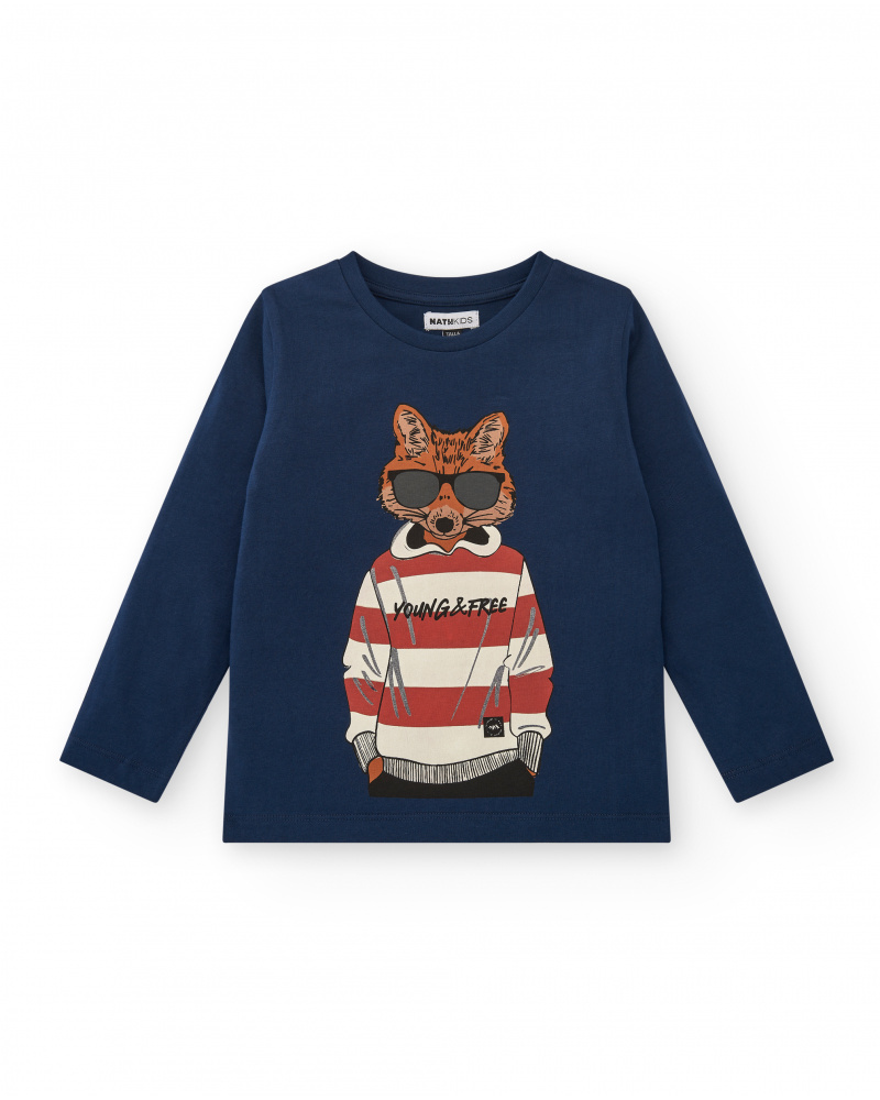 T-shirt bleu imprimé renard pour garçon de la collection