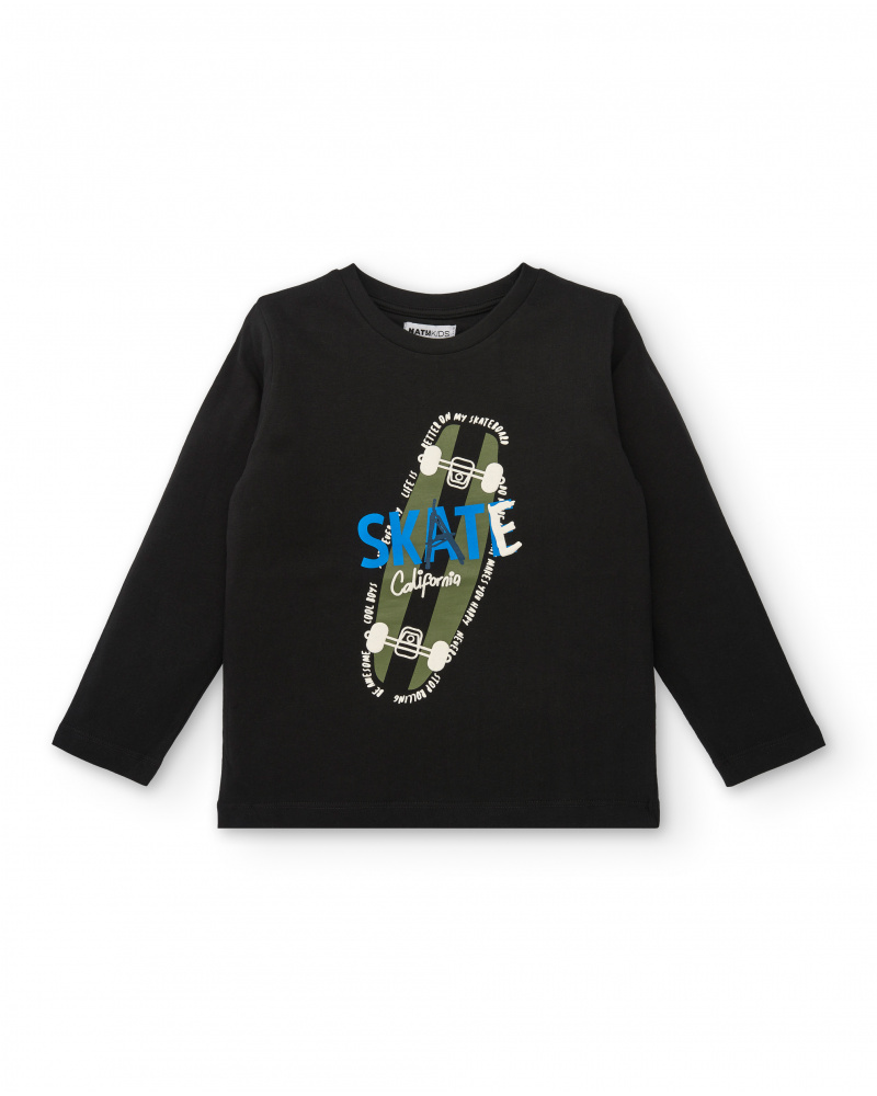 T-shirt noir à manches longues avec imprimé skate pour garçon