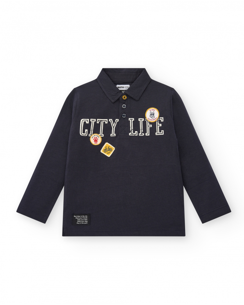 Polo noir à manches longues pour garçon avec imprimé City Life