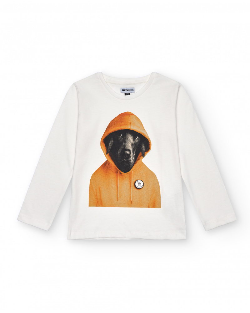 T-shirt blanc à manches longues pour garçon avec imprimé chien