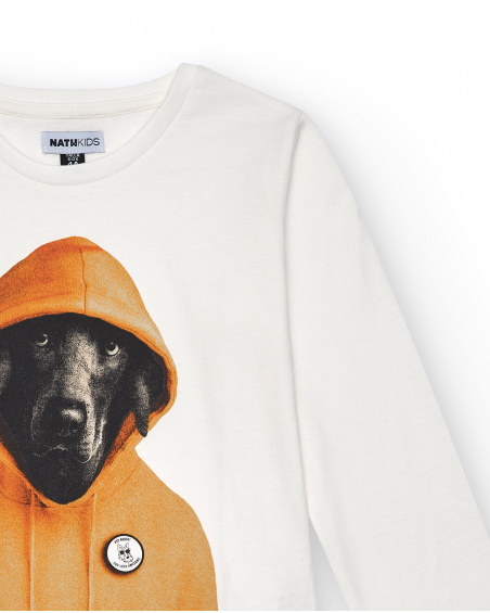 T-shirt blanc à manches longues pour garçon avec imprimé chien