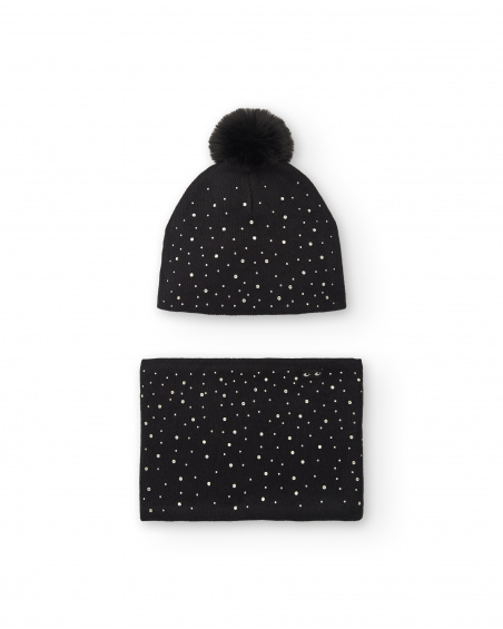 Ensemble bonnet et écharpe noirs avec pompons et applications