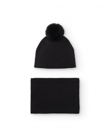 Ensemble bonnet et écharpe noirs avec pompons et applications