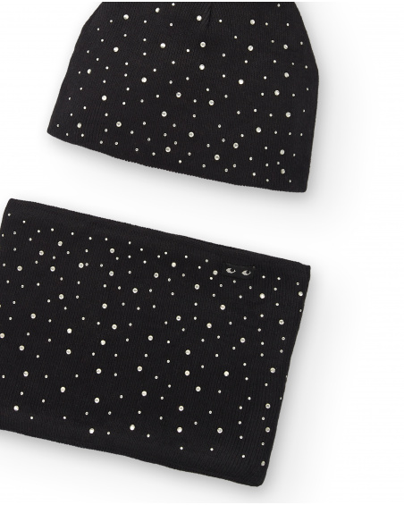 Ensemble bonnet et écharpe noirs avec pompons et applications