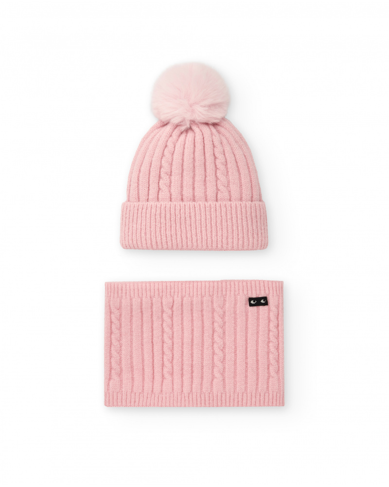 Bonnet et écharpe roses à pompon pour fille de la collection