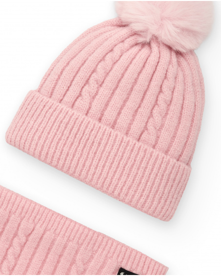Bonnet et écharpe roses à pompon pour fille de la collection