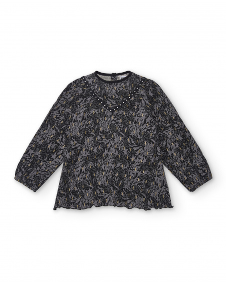 Blouse noire imprimée avec détails appliqués brillants pour Blouse noire imprimée avec détails appliqués brillants pour
