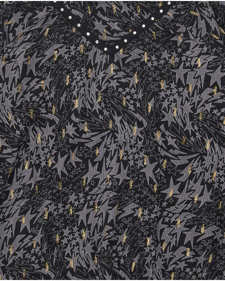 Blouse noire imprimée avec détails appliqués brillants pour Blouse noire imprimée avec détails appliqués brillants pour