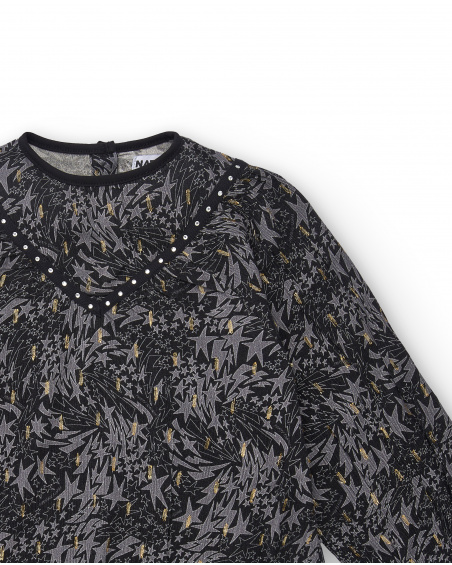 Blouse noire imprimée avec détails appliqués brillants pour Blouse noire imprimée avec détails appliqués brillants pour