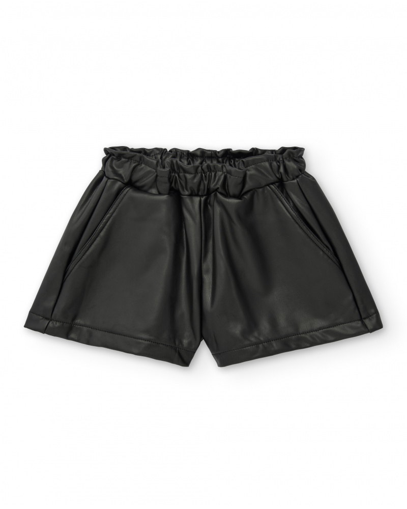 Short noir en simili cuir à taille froncée pour fille de la collection Dive into the night