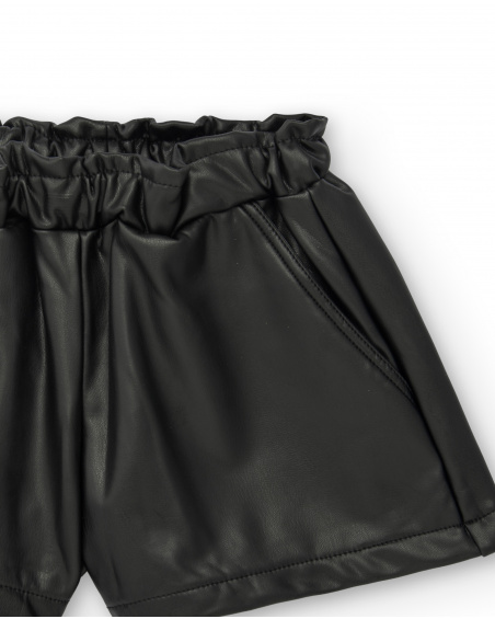 Short noir en simili cuir à taille froncée pour fille de la collection Dive into the night