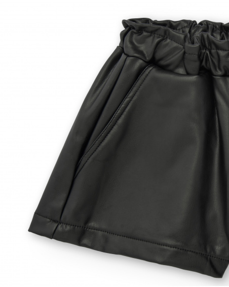 Short noir en simili cuir à taille froncée pour fille de la collection Dive into the night
