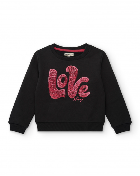 Sudadera negra con estampado "Love Story" en rosa para niña colección Magic Poetry