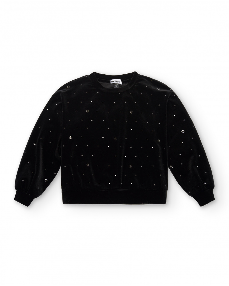 Sudadera de terciopelo negro con detalles de cristales para niña de la colección Dive into the night