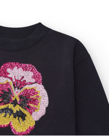 Sudadera negra con flor de lentejuelas para niña colección Galactic Garden