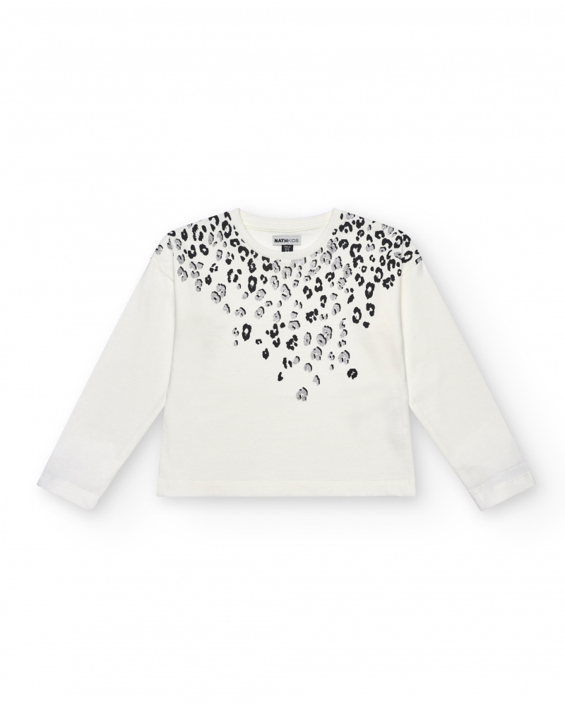 T-shirt fille blanc à manches longues et imprimé animalier de la collection The Land Of Ice