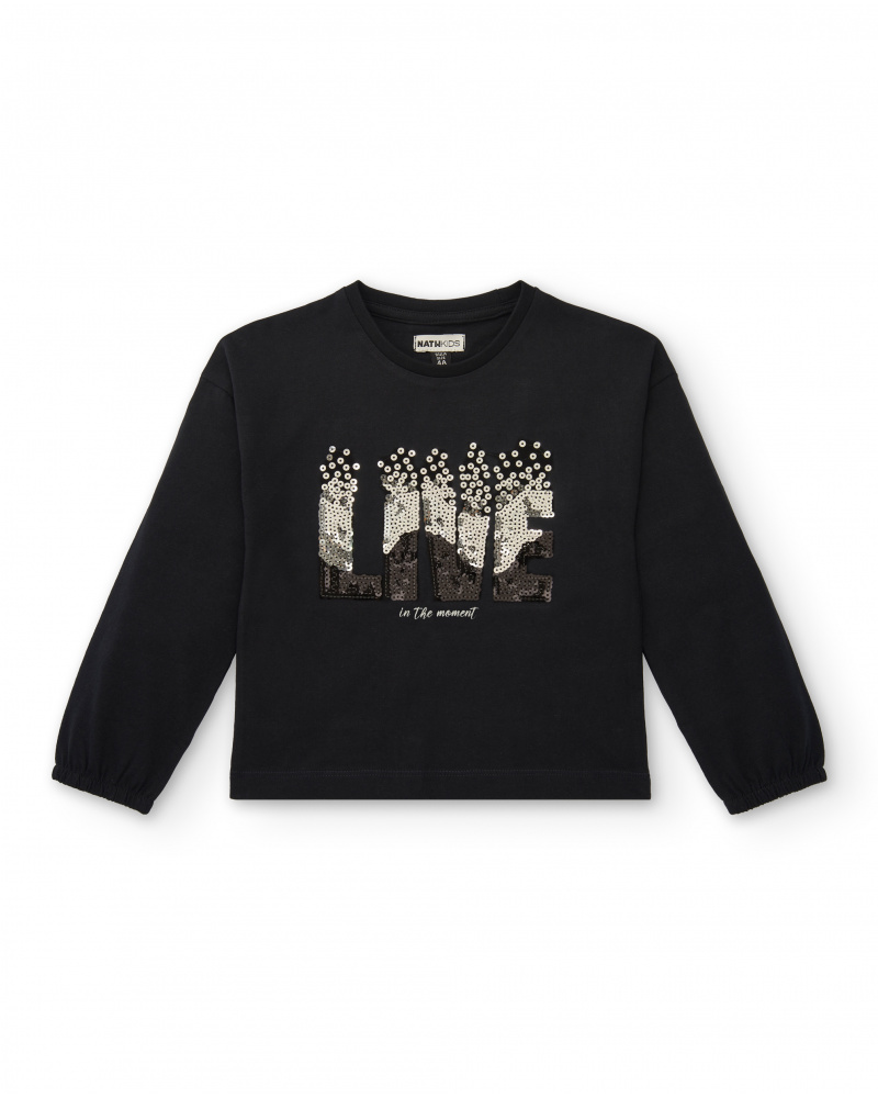 Camiseta manga larga niña en negro con aplicación de lentejuelas colección The Land Of Ice