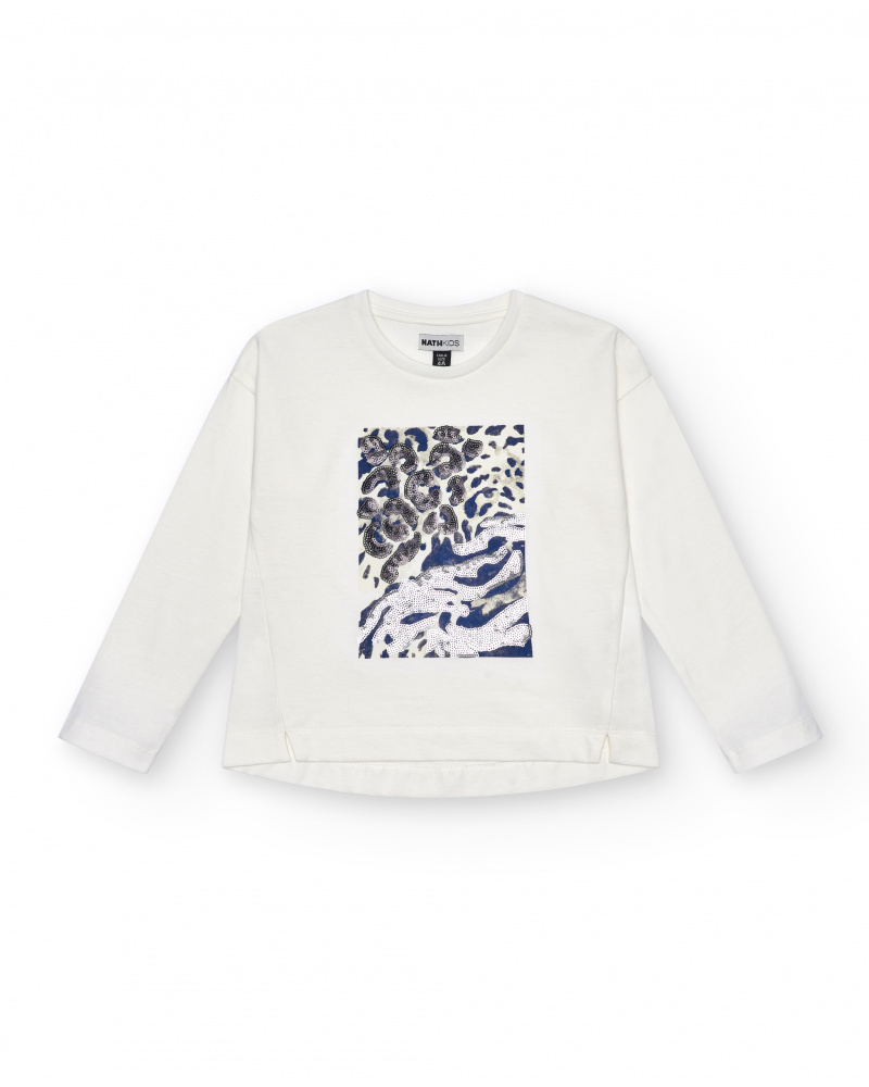 Camiseta manga larga niña en blanco con estampado abstracto y apliques brillantes colección The