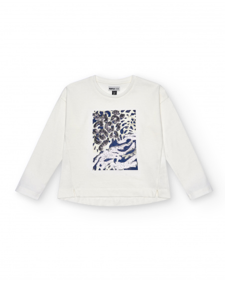 Camiseta manga larga niña en blanco con estampado abstracto y apliques brillantes colección The
