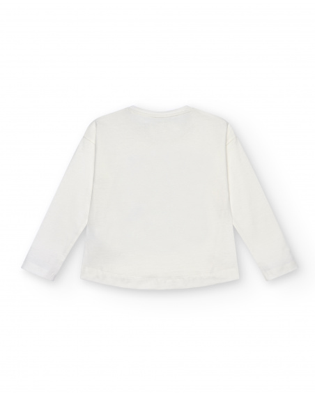 Camiseta manga larga niña en blanco con estampado abstracto y apliques brillantes colección The