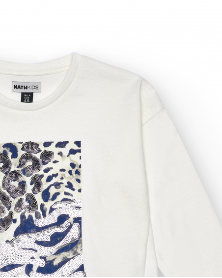 Camiseta manga larga niña en blanco con estampado abstracto y apliques brillantes colección The