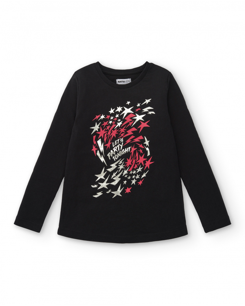 Camiseta negra con estampado de estrellas para niña de la colección Dive into the night