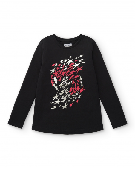 Camiseta negra con estampado de estrellas para niña de la colección Dive into the night