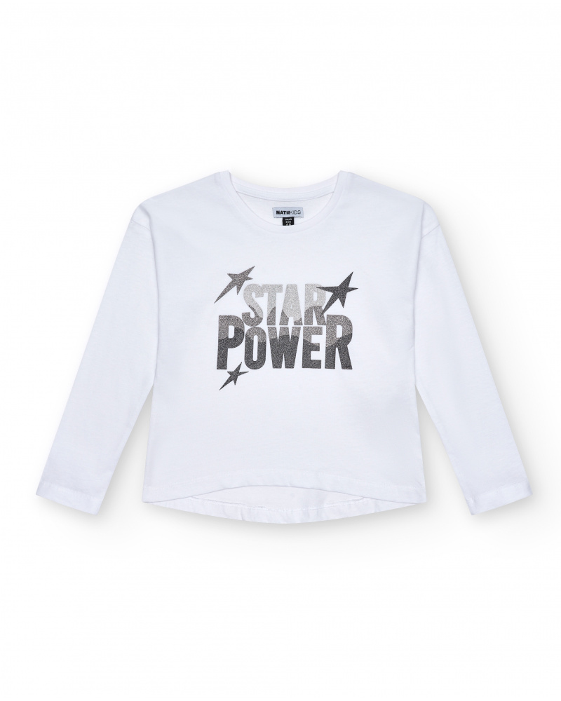 Camiseta blanca con texto "Star Power" en plateado para niña de la colección Dive into the night