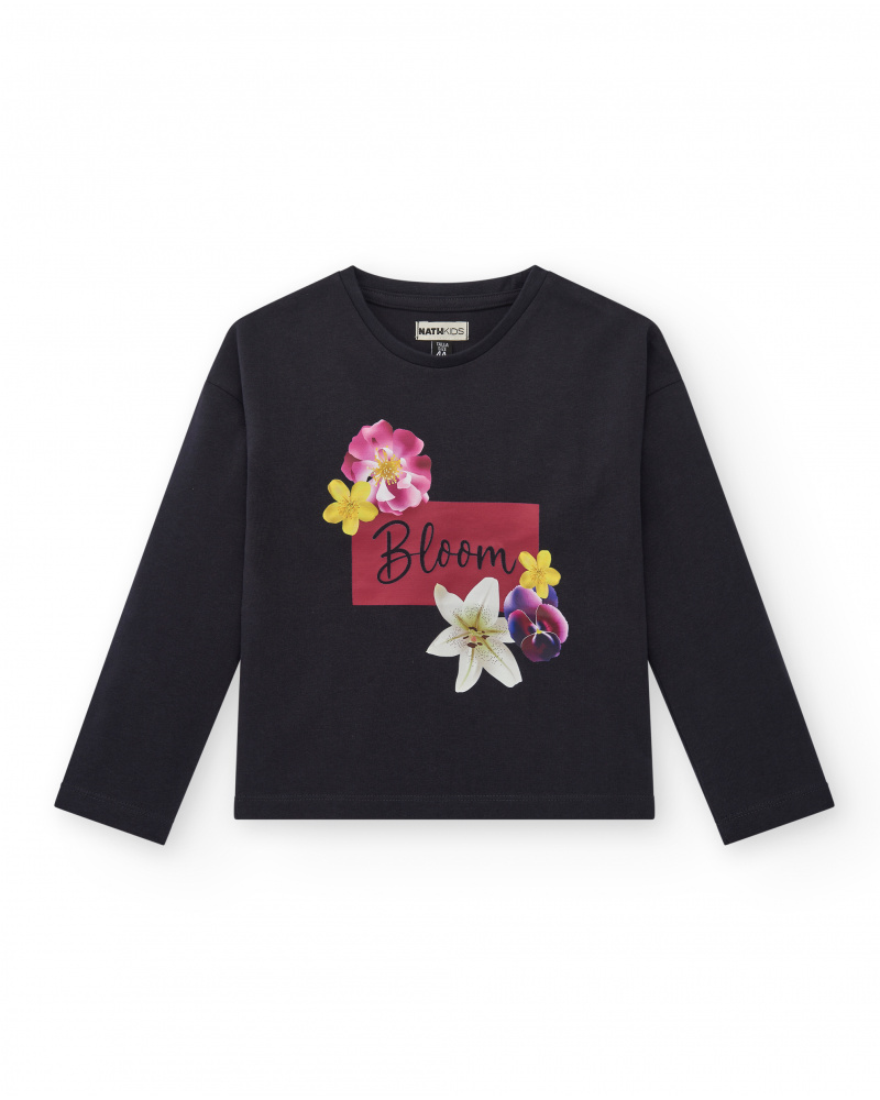 Camiseta de manga larga con estampado floral y mensaje para niña colección Galactic Garden
