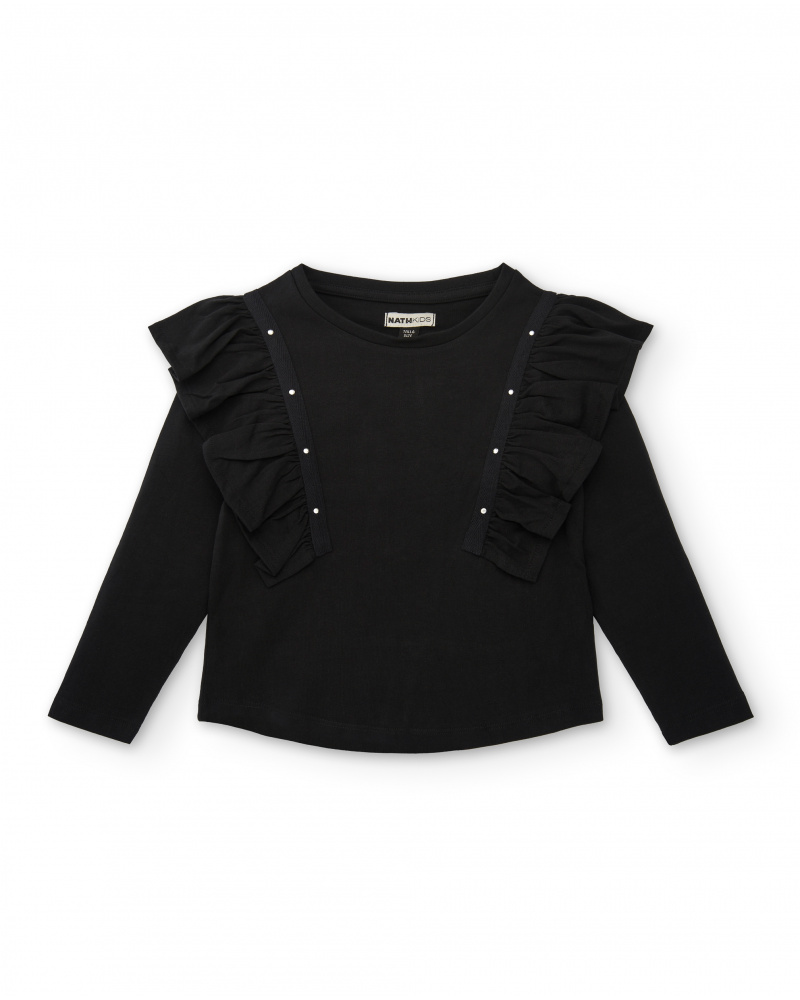 Camiseta negra con volantes y detalles brillantes para niña colección Rock N Love