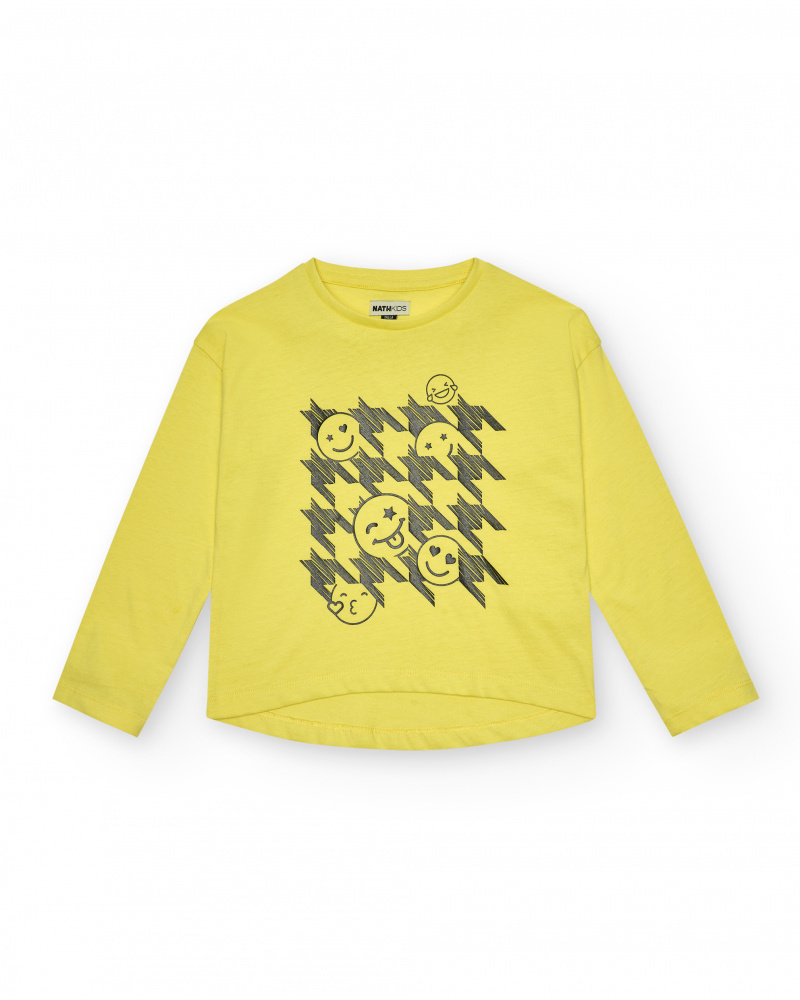 Camiseta amarilla con estampado de emojis y cuadros para niña colección Rock N Love