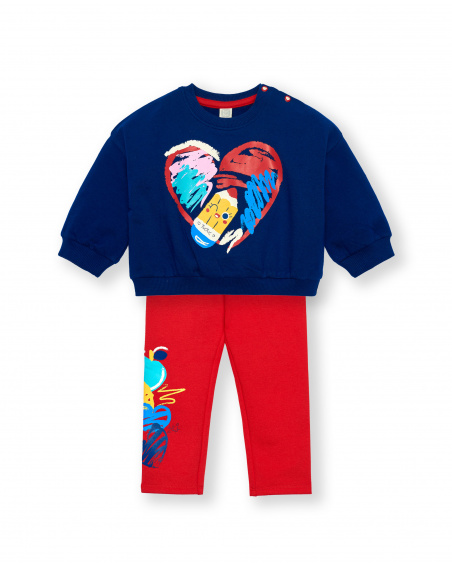 Conjunto sudadera y leggings niña en azul y rojo con estampado