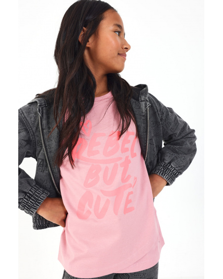 Camiseta rosa de manga larga con mensaje "Rebel But Cute" colección Rebel Dreamers