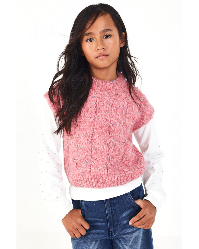 Gilet fille en maille tressée rose de la collection Central Park
