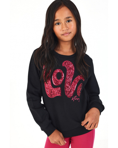 Sudadera negra con estampado "Love Story" en rosa para niña colección Magic Poetry