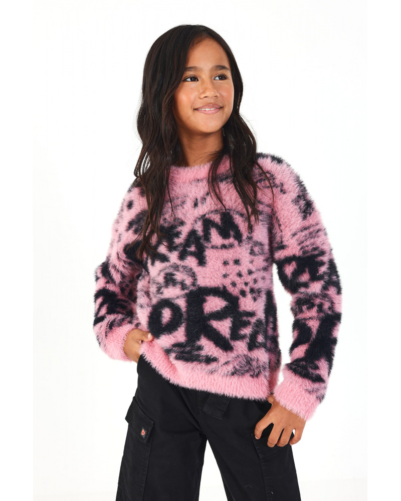 Pull avec fourrure synthétique et imprimé graffiti rose et noir collection Rebel Dreamers