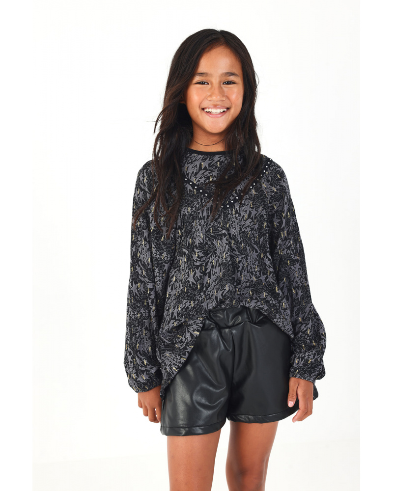 Blouse noire imprimée avec détails appliqués brillants pour fille de la collection Dive into the night