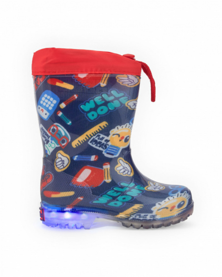 Bottes de pluie garçon en bleu avec lumières et imprimé scolaire collection Big Brains