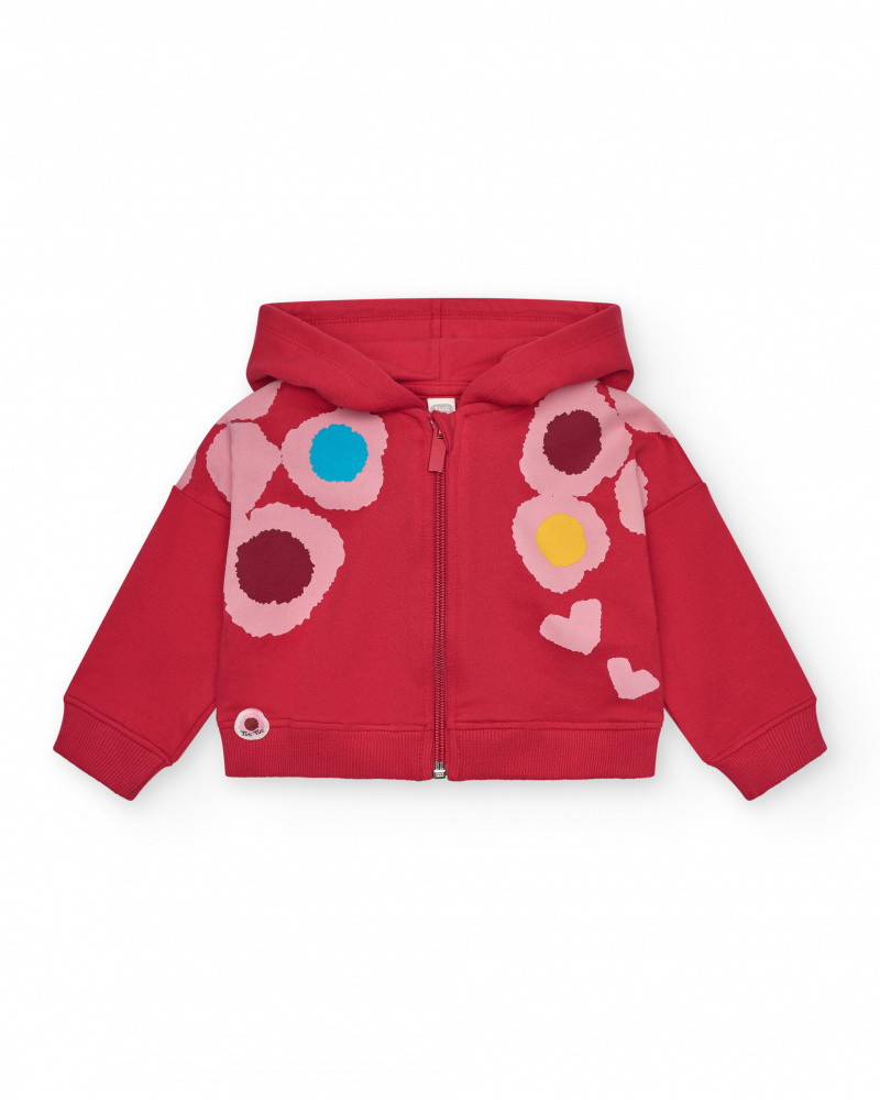 Veste en peluche pour fille en rouge avec un imprimé floral et une capuche Happy Garden