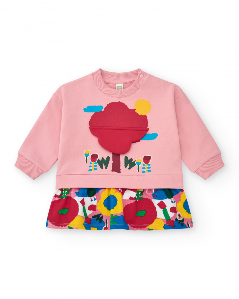 Robe en peluche pour fille en rose avec un détail d'arbre en 3D et un imprimé floral Happy Garden