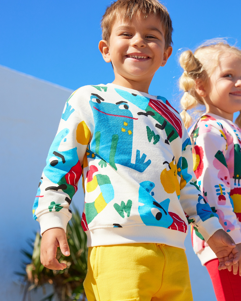 Sweat-shirt pour garçon en beige avec un imprimé multicolore joyeux Happy Garden