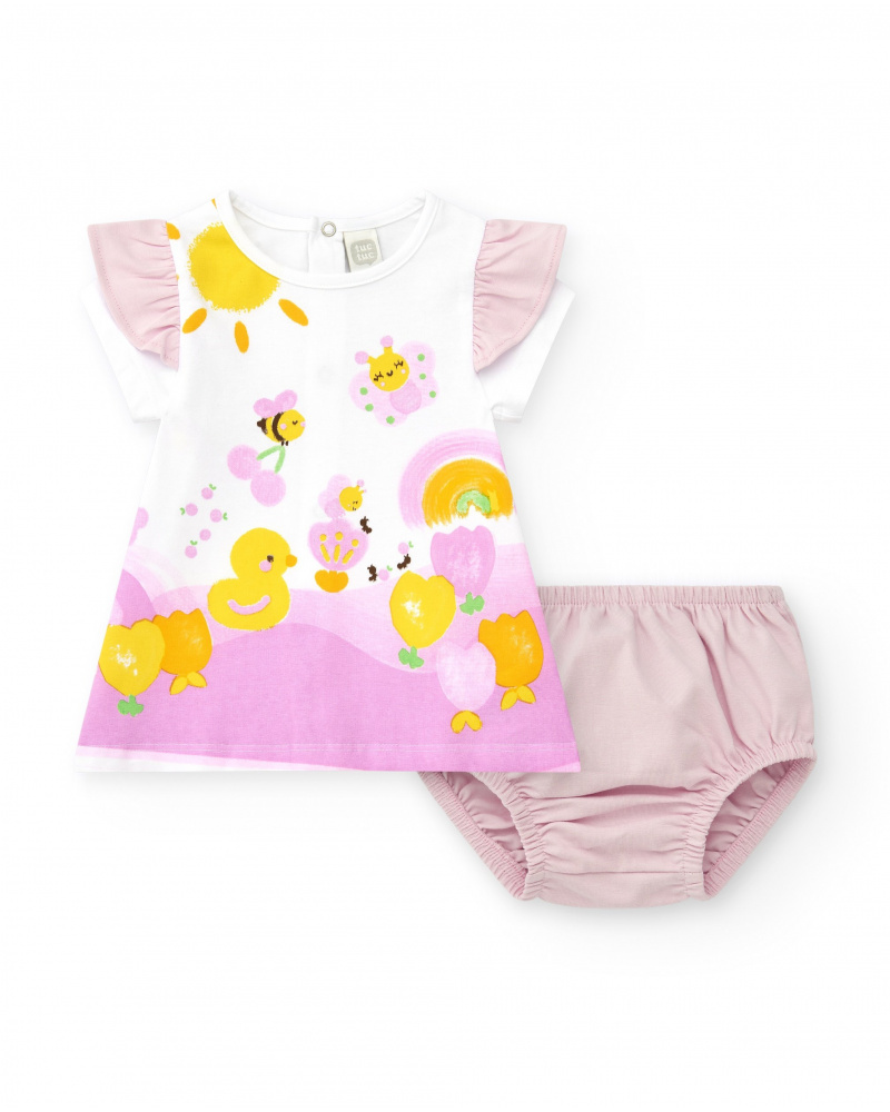 Conjunto de punto para niña con vestido blanco estampado